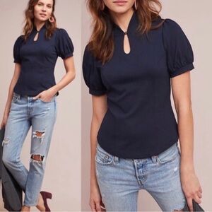 Anthropologie Ett:twa Navy Blue Short Puff Sleeve Top Key Hole Classic Small